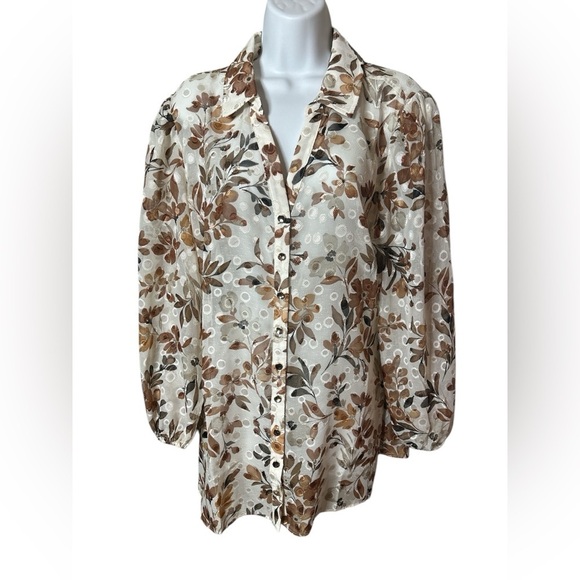Susan Graver Petite Sheer Floral Woven Clip Dot Button Front Tunic XLP - Picture 2 of 15